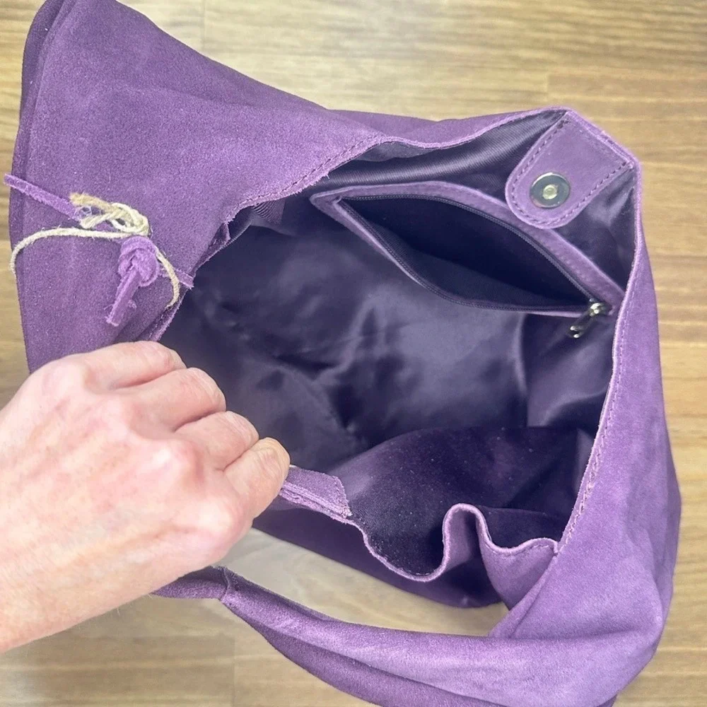 Deep Purple Genuine Suede Hobo Bag Slouchy Shoulder Purse NWT